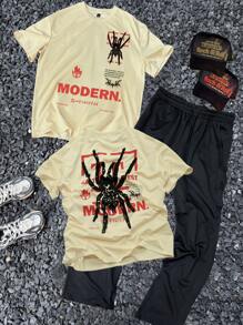 Manfinity LEGND 2pcs Plus Size Men Summer Slogan & Spider Print Crew Neck T-Shirt And Drawstring Waist Pants Set