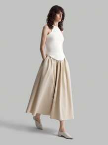 Ontre Women 2025 Spring New Elastic Waist Daily Versatile Long A-Line Skirt In Apricot Dark Striped Fabric - Apricot - View 1