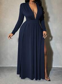 SHEIN SXY 大码女式深 V 领高开叉垫肩连衣裙，适合约会之夜、生日、单身派对装、休闲、购物、外出、度假、海滩，易于搭配且看起来苗条，凸显身材 - 藏蓝色 - 查看 6