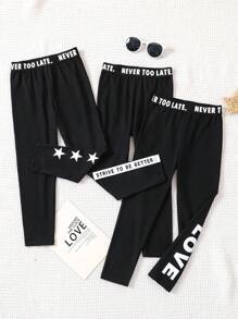 SHEIN Casual legging met letterprint voor jonge meisjes, dagelijks gebruik