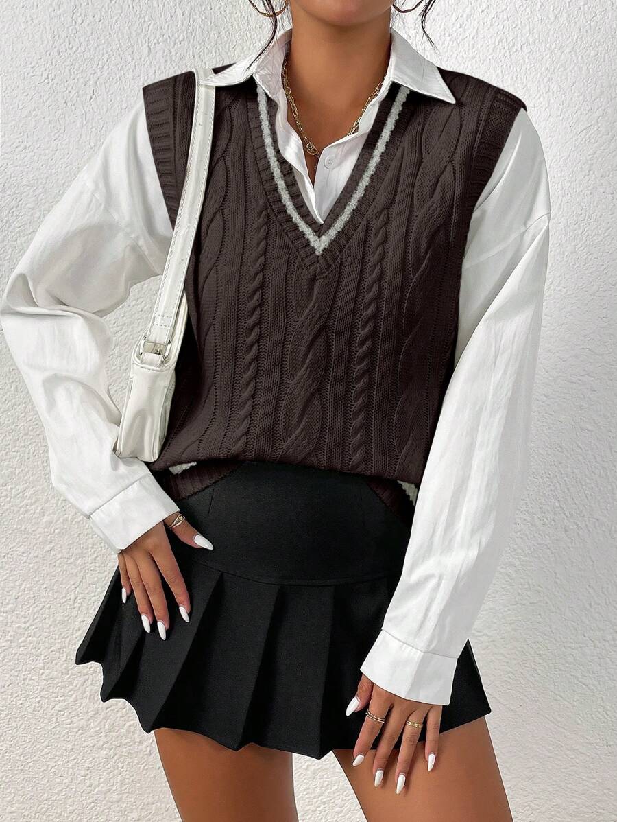 SHEIN Unity Women's Colorblock Striped Sweater Vest, Spring & Autumn - Bronze - View 1