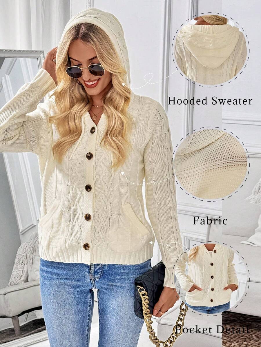 Chiquease 女式长袖连帽抽绳纽扣纹理设计时尚开衫 - 米色 - 查看 1