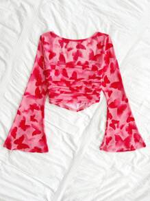 Soleia SHEIN WYWH Plus Size Women's Square Neck Pleated Back To School Clothes Fall Clothes Holiday Wear Babydoll Top Christmas Glitter Homecoming, Wedding, Concert, Game Day Angela Red Long-Sleeved Top