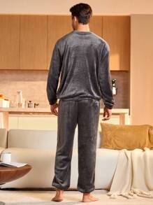 2pcs Men's Embroidery Letter Pattern Crew Neck Long Sleeve Top And Pants Casual Loungewear Set, Fall Winter Clothes, Fluffy Cozy - Dark Grey - View 2