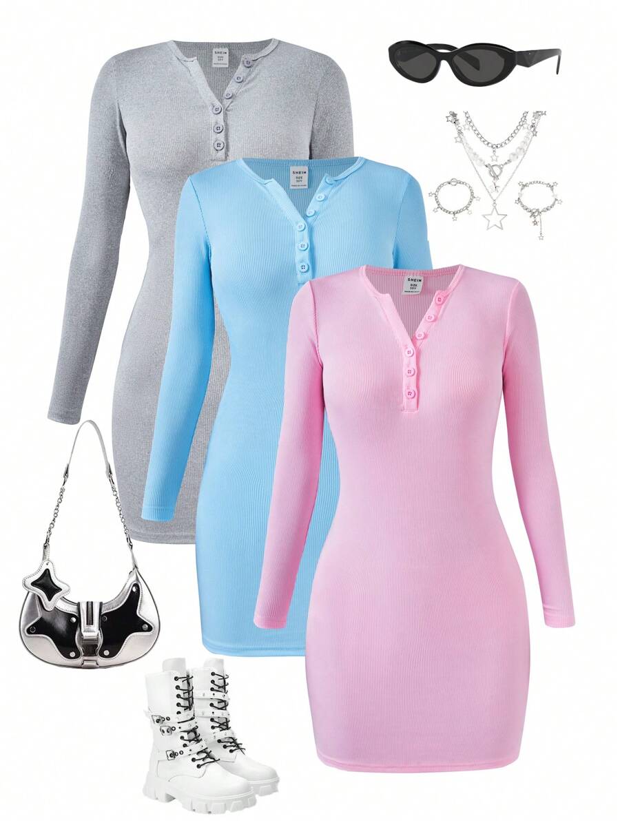 SHEIN 3 件装 女童 V 领前扣长袖迷你连衣裙 灰色、蓝色、粉色、休闲日常溜冰裙 - 彩色 - 查看 1