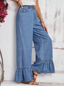 SHEIN Tall Women's Ruffled Hem Wide Leg Loose Casual Denim Jeans - Blue - View 1