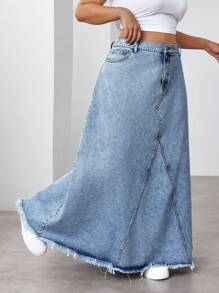 SHEIN EZwear 大码休闲牛仔裙，带蝴蝶结装饰和口袋 - 淺色水洗藍 - 查看 4