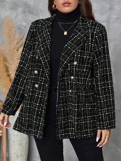 大码秋冬女式翻领长袖纽扣格纹休闲西装外套，粗花呢面料，黑色西装外套，冬季女式派对亮片假日秋季