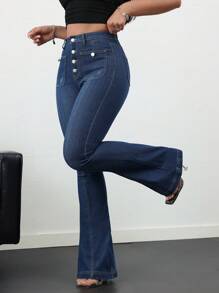 SHEIN Tall 女士牛仔裤 紧身弹力喇叭裤 排扣牛仔裤 蓝色牛仔裤 打底裤 喇叭裤 女式紧身裤 秋季裤子 牛仔裤 高腰牛仔裤 返校节 - 深色水洗藍 - 查看 1