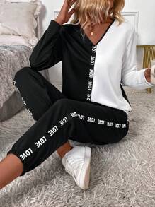 SHEIN LUNE Bộ 2 áo len dệt kim và quần dài cổ chữ V màu tương phản thời trang xuân thu cho nữ - Đen và trắng - Xem 4