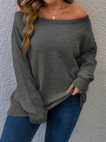 Calvaya 大码女式纯色露肩长袖宽松休闲毛衣，秋冬针织套头衫 - 深灰色 - 查看 1
