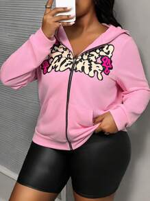 Slaydiva 秋冬季大码街头风连帽拉链口袋长袖运动衫 - 粉色 - 查看 3