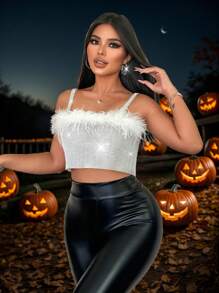 Zolique 女士夏季时尚毛皮拼接水钻露背短款吊带背心 - 銀色 - 查看 4