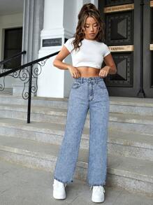 SHEIN EZwear 夏季高腰直筒牛仔裤 - 藍色 - 查看 3