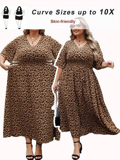 SHEIN CURVE+ Plus Size V-ringad kortärmad knipad midja Casual Chic leopardmönstrad volangklänning för sommar