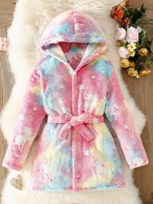 Girls Fluorescent Glow-In-The-Dark Unicorn & Star Print Plush Bathrobe With Belt, Warm Jacket - Pink - View 3