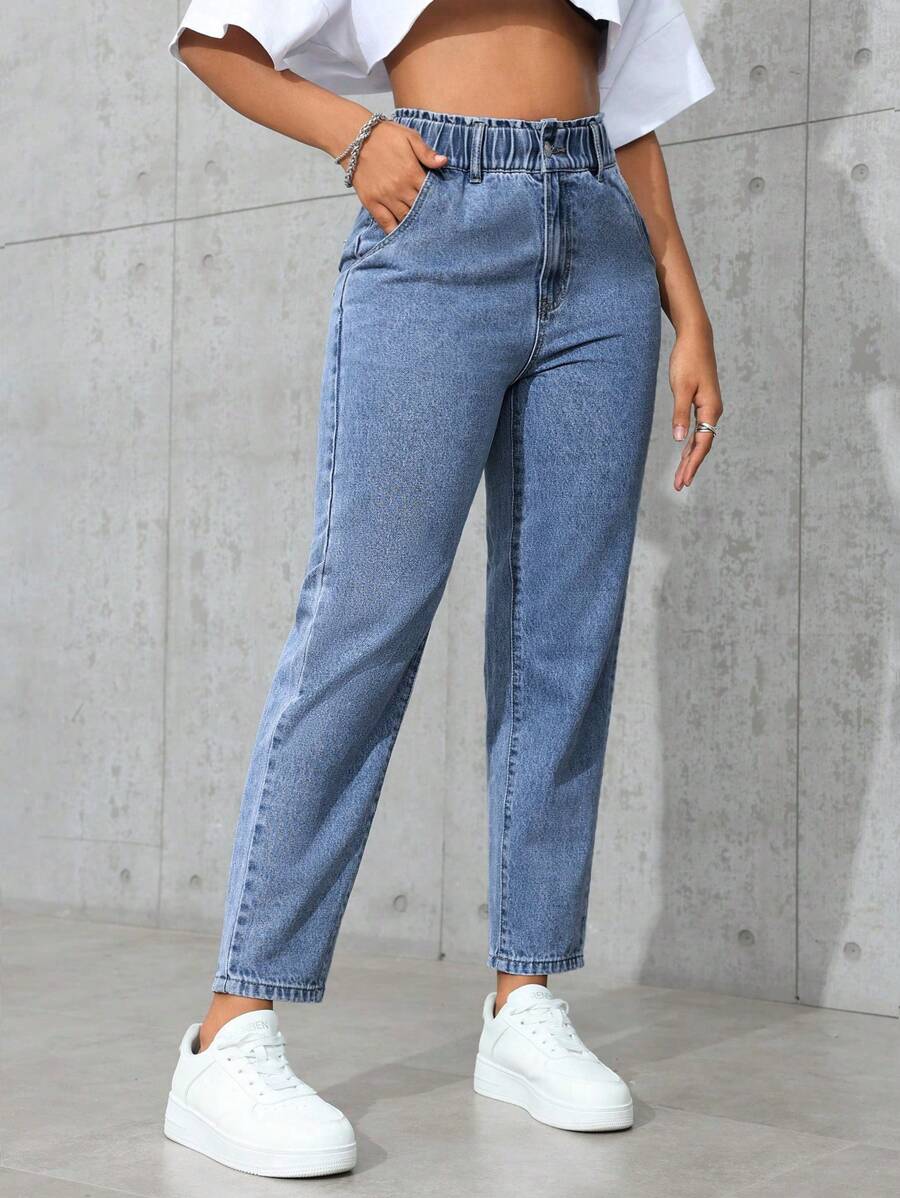 SHEIN PETITE Women's Elastic Waist Pocketed Straight Loose Casual Jeans Pants - Medium Wash - View 1
