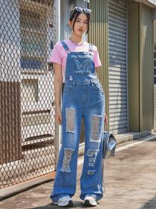 Teenager (Girls) Butterfly Print Washed Denim Bib Pants And Overalls, Casual Fashion Design