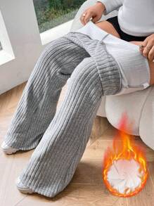 Flirla Damskie spodnie dzianinowe w jednolitym kolorze, proste, swobodne, termiczne, podszyte