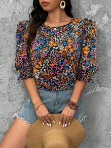 SHEIN LUNE 大码圆领中长袖休闲花卉印花衬衫 - 彩色 - 查看 1