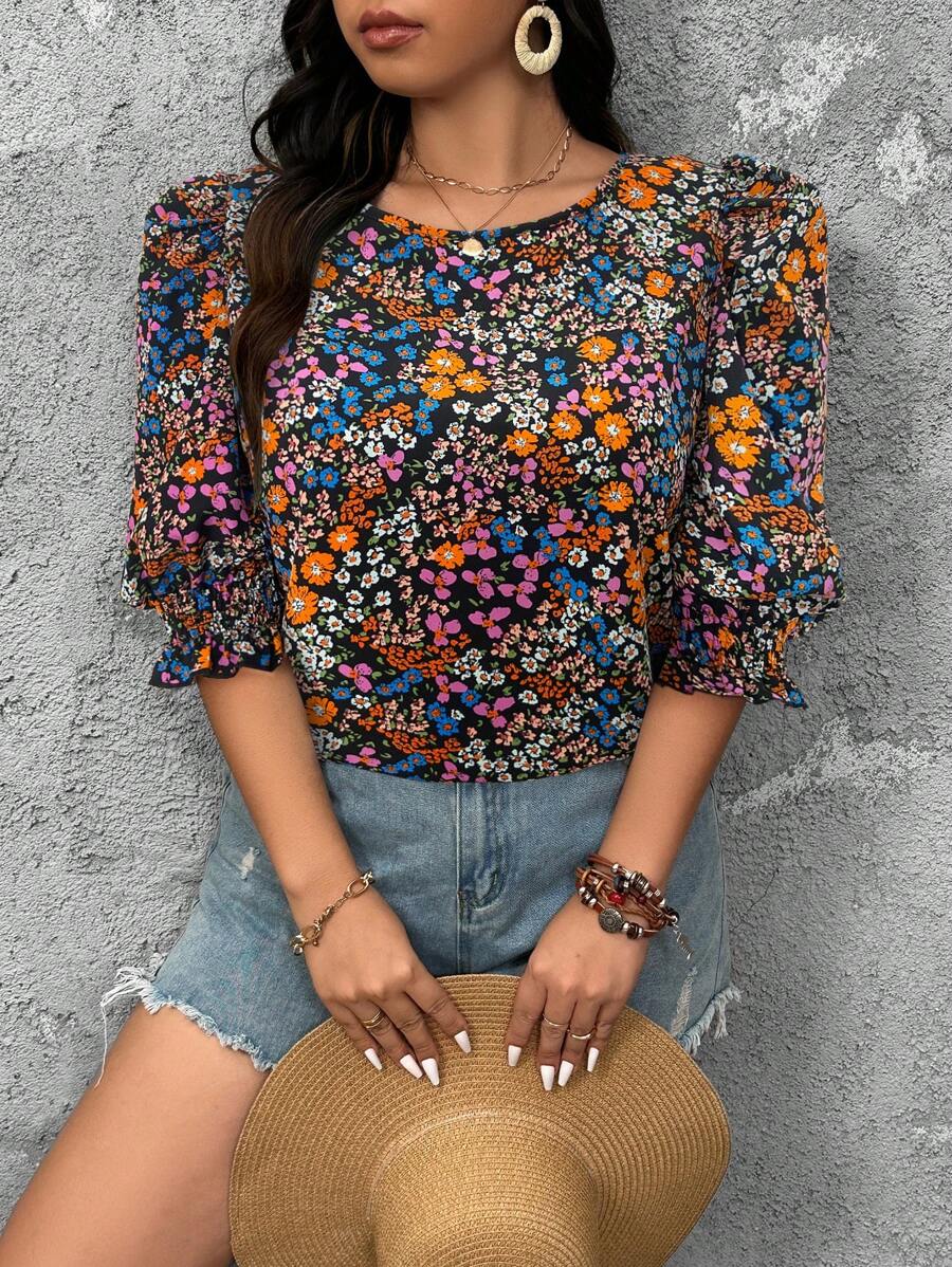 SHEIN LUNE 大码圆领中长袖休闲花卉印花衬衫 - 彩色 - 查看 1