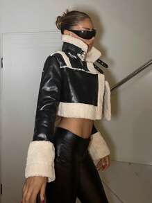 SHEIN ICON Áo khoác mô tô Avant-Garde Streetwear Patchwork Oversized Fluffy cho mùa Thu/Đông - màu đen - Xem 4