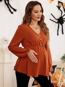 SHEIN Camicia svasata allentata per gravidanza con scollo a V, maniche a lanterna e decorazione a bottoni - Arancione - Visualizzare 6