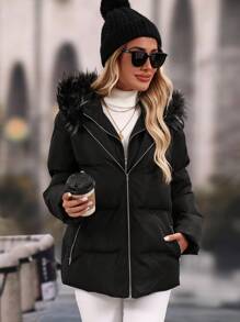 SHEIN Clasi معطف دافئ مقاوم للماء والرياح ذو تصميم كونتراست مع طرف من فرو مموج ، لارتداء اليومي والتنقل، ملابس الخريف والشتاء للنساء - الأسود - مشاهدة 2