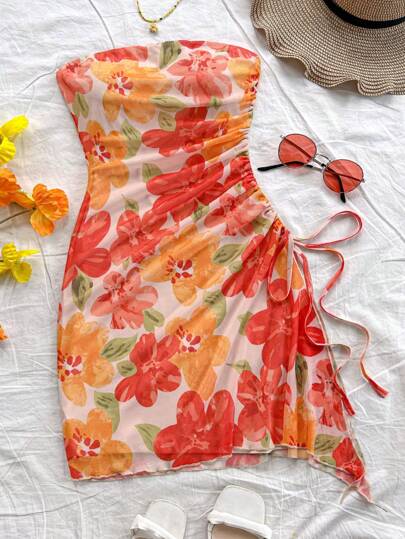 Soleia Women's Vacation Orange And Red Tie Dye Floral Print Elastic Mesh Fabric Asymmetrical Hem Drawstring Bodycon Summer Bachelorette Dress,Summer Dresses For Women