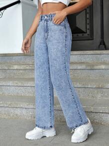 SHEIN EZwear 夏季高腰直筒牛仔裤 - 藍色 - 查看 4