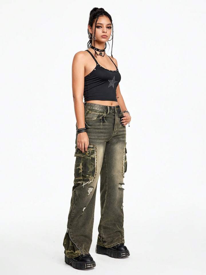 Our Grunge Punk Women Vintage Camouflage Stitched Zipper Flared