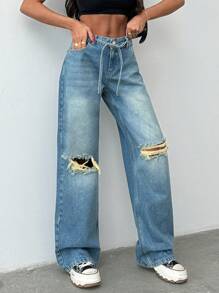 SHEIN Cottnline LOW RISE WIDELEG CUTRIPPED WOMEN Y2K JEAN - Medium Wash - View 1