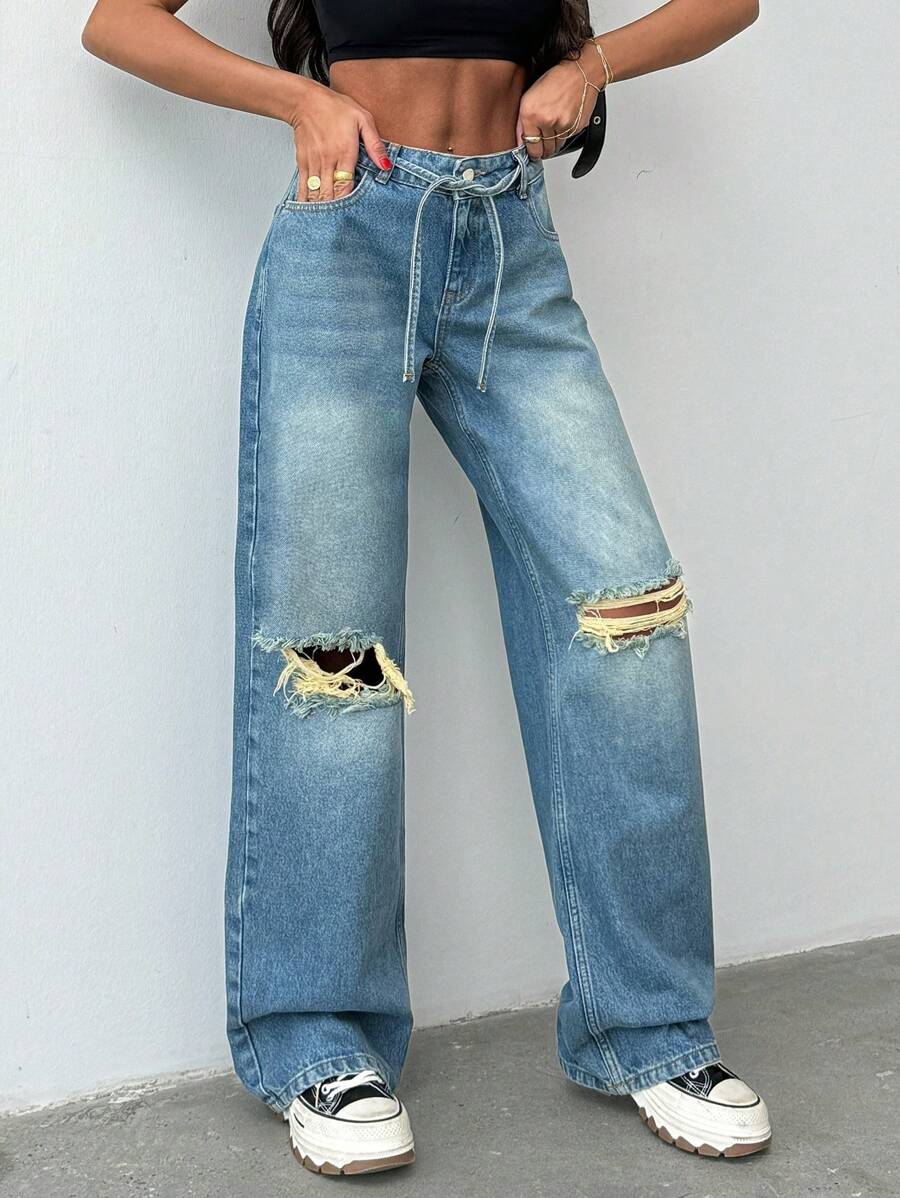 SHEIN Cottnline LOW RISE WIDELEG CUTRIPPED WOMEN Y2K JEAN - Medium Wash - View 1