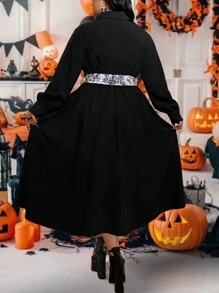 Flirla Plus Size V-Neck Long Sleeve Colorblock Design Elegant Casual Dress, Black Halloween Dress Fall Cloth For Women - Multicolor - View 2