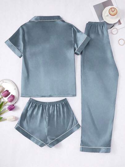 LuxeNights Ladies' Contrast Solid Faux Zijden Lapel Pajama Set view 2