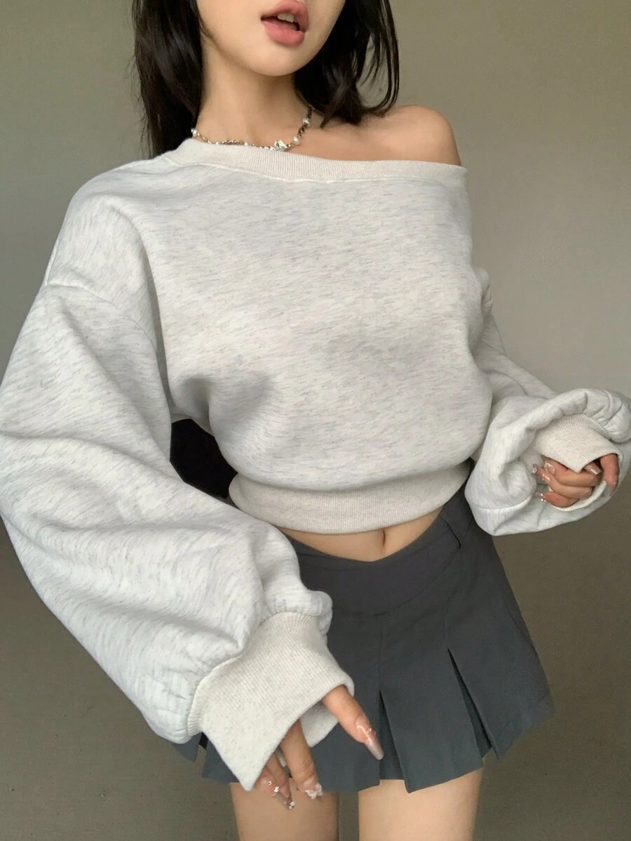 DAZY 女士宽松休闲不对称领口连帽衫、长袖上衣、秋装运动衫 - 灰色 - 查看 1