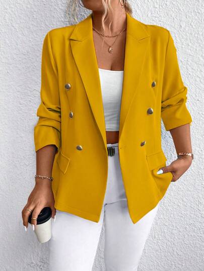 SHEIN LUNE Plus Size Enfärgad Lapel Neck Långärmad Front Button Pocket Enkel Casual Blazer