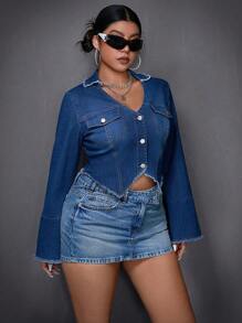 SHEIN ICON Plus Size Denim Jacket, Blue Fitted Top With Flared Sleeves, Stretchy Y2K Style - Medium Wash - View 4