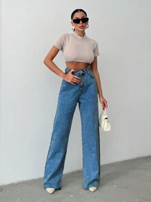 EURMUSE 阔腿低腰牛仔裤 - 中等水洗藍 - 查看 8