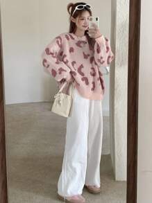 DAZY Suéter de punto con cuello redondo y estampado de leopardo, de corte holgado para mujer, ropa de mujer para otoño