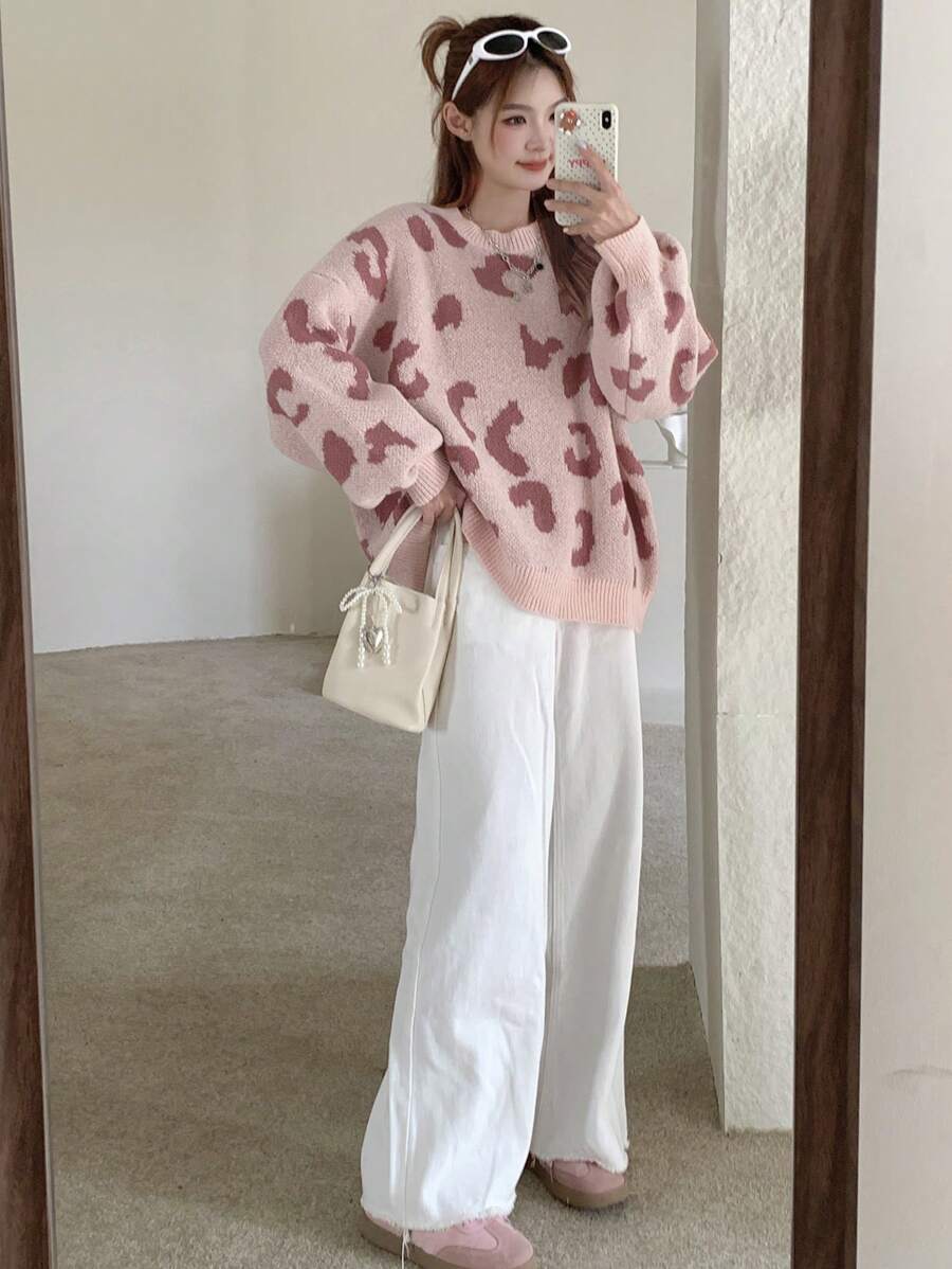 DAZY 女式宽松圆领豹纹针织毛衣，秋季女装 - 彩色 - 查看 1