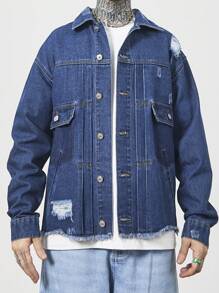 OTTIMOZO Men's Spring & Autumn Relaxed Fit Distressed Drop Shoulder Long Sleeve Denim Jacket - Blue - View 7