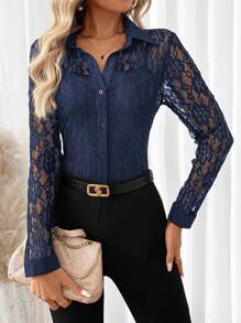 SHEIN Clasi Áo cánh ren dài tay ôm vừa vặn cho nữ mùa xuân và mùa hè - Màu xanh hải quân - Xem 6