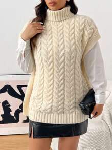 SHEIN Frenchy Plus Size Solid Color Turtleneck Minimalist Casual Sweater Vest