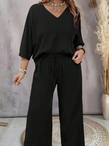 Joress Plus Size V-Neck Solid Color Casual Top And Versatile Wide-Leg Pants Two-Piece Set - Black - View 1