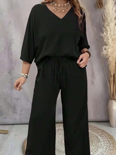 Joress Plus Size V-Neck Solid Color Casual Top And Versatile Wide-Leg Pants Two-Piece Set