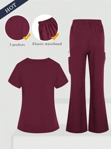 TaskEZ Set de uniforme de bata: Uniforme de salud para mujeres - Top con escote en V liso y pantalones casuales con abertura, uniforme casual simple para limpieza