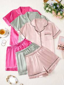 3 conjuntos Pijama con pantalones cortos y manga corta con ribete de contraste - Multicolor - Ver 1