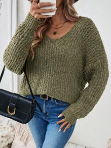 Chiquease Plain V-Neck Long Sleeve Minimalist Pullover Sweater, Casual Everyday Wear, Knit Pullover Fall Winter - Army Green - View 1