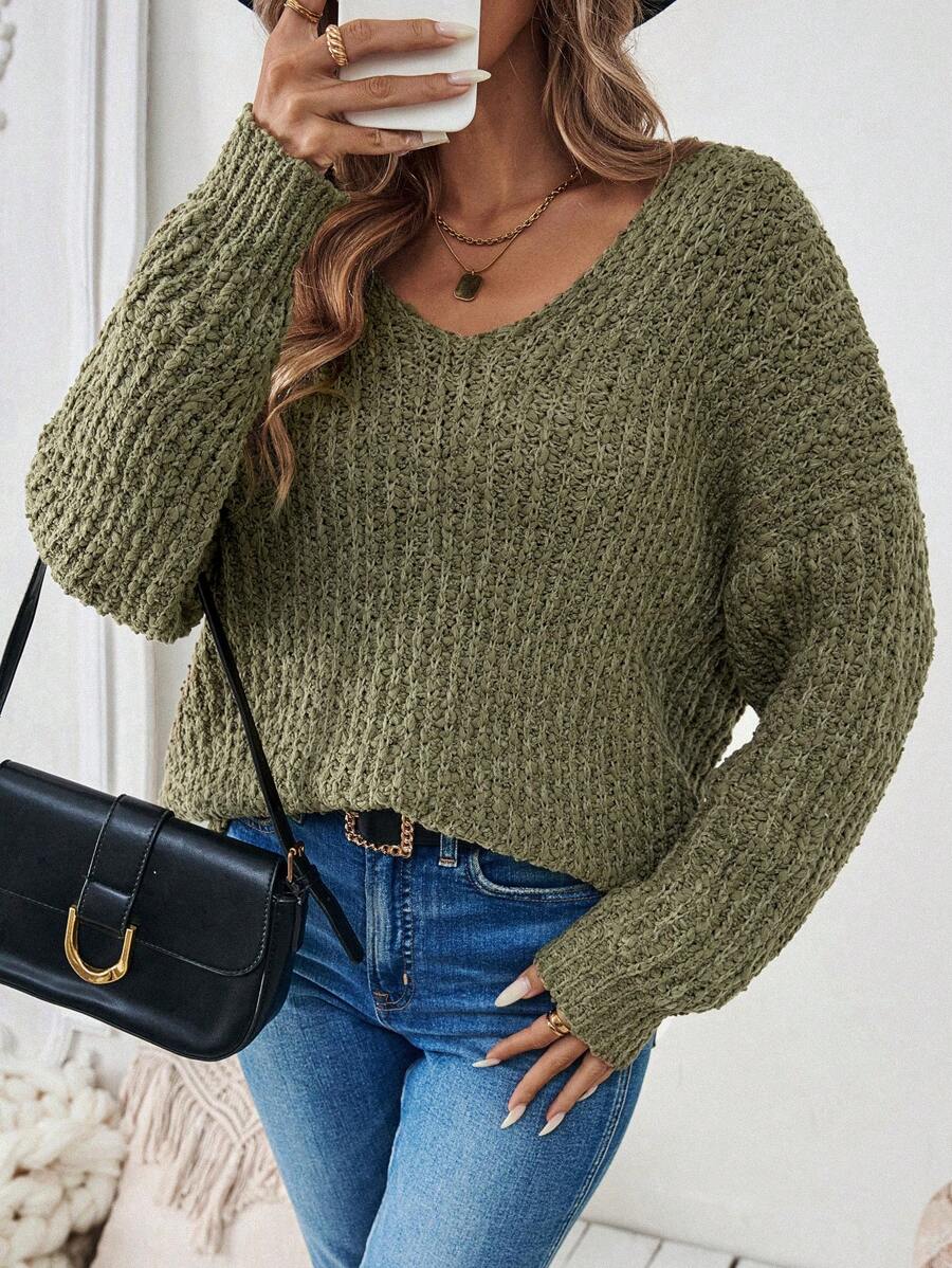Chiquease Plain V-Neck Long Sleeve Minimalist Pullover Sweater, Casual Everyday Wear, Knit Pullover Fall Winter - Army Green - View 1